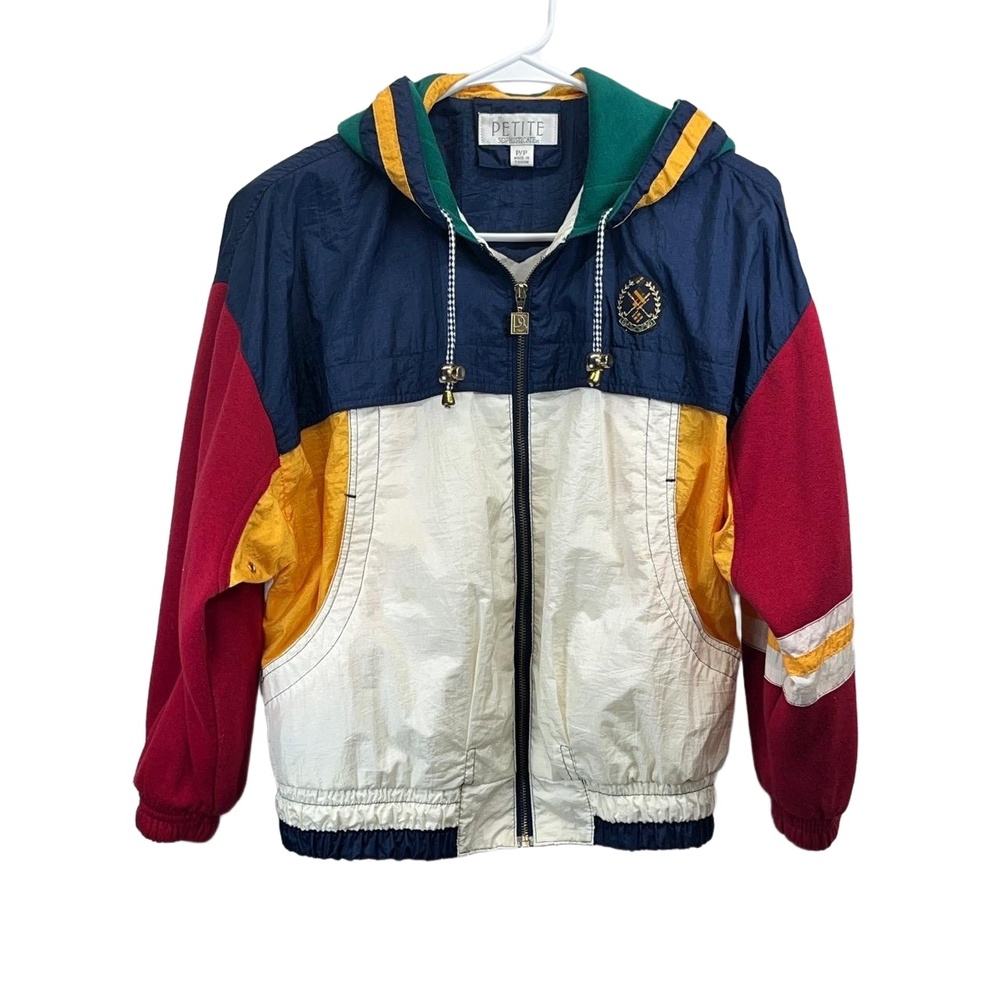 Vintage Petite Sophisticate Multicolor Womens Golf Crest Hooded Windbreaker P/P